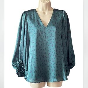 Adrienne Satin V-neck Bubble Sleeve Tunic Top Size S Jewel Green Lined Holiday